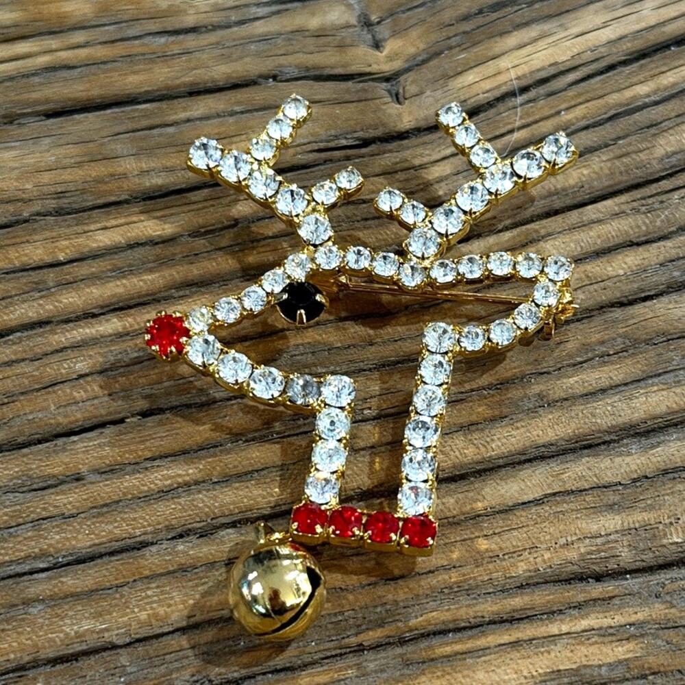 Brooch Reindeer Rhinestone Christmas Holiday Jingle Bell Gold Tone Pin Retro